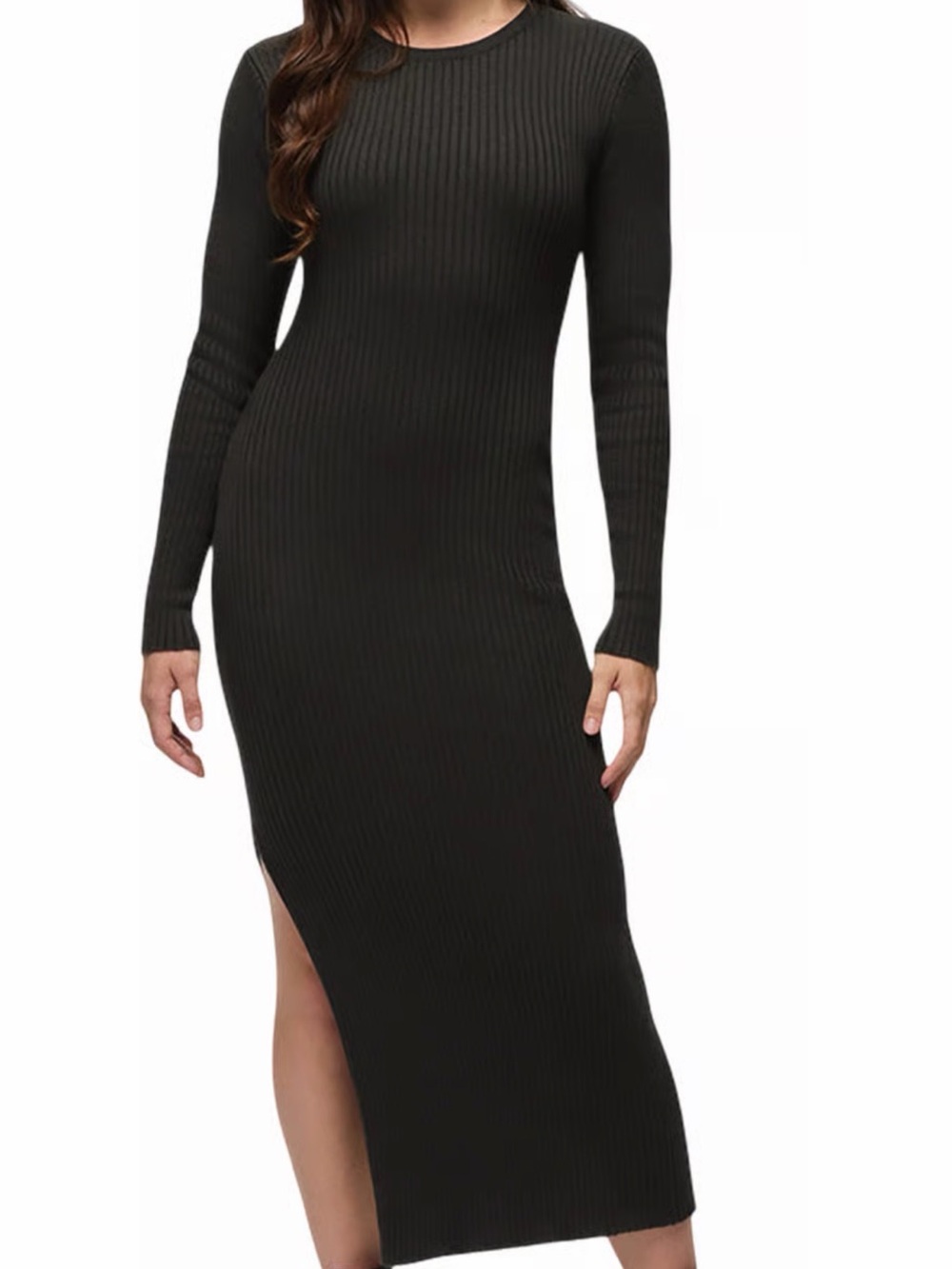 Women’s Long Sleeve Ribbed Knit Midi Dress in Black
